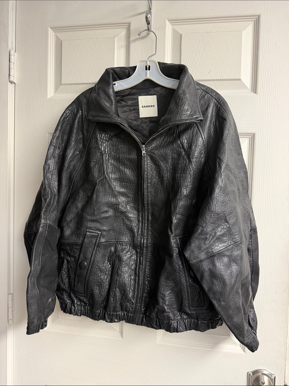 Sandro Black Leather Bomber Jacket